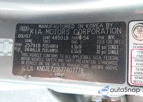 2007 Kia Sportage Ex/Lx z USA, uszkodzony, nr VIN KNDJE723677407778